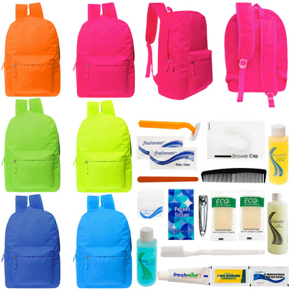 12 helle 17 'Rucksäcke in 6 Farben & Ihre Wahl von 12 Bulk Hygiene Kits - Wholesale PFLEGE Package: Obdachlos, Notfall, Wohltätigkeit