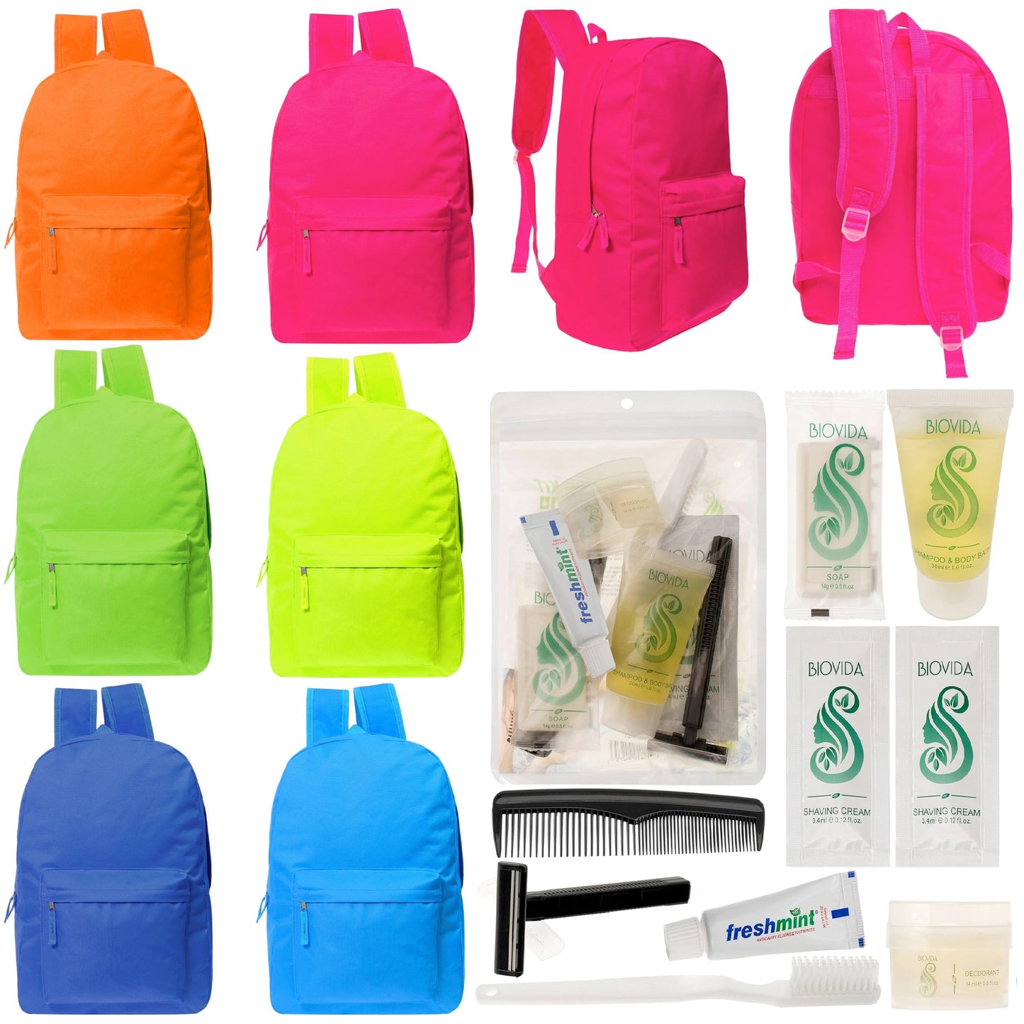12 helle 17 'Rucksäcke in 6 Farben & Ihre Wahl von 12 Bulk Hygiene Kits - Wholesale PFLEGE Package: Obdachlos, Notfall, Wohltätigkeit