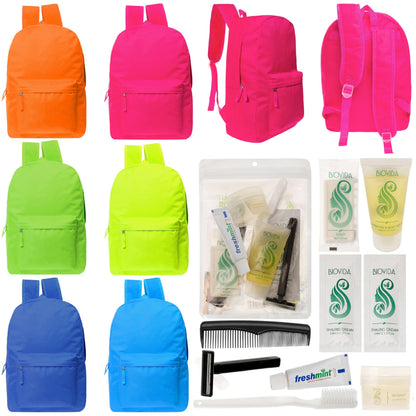 12 helle 17 'Rucksäcke in 6 Farben & Ihre Wahl von 12 Bulk Hygiene Kits - Wholesale PFLEGE Package: Obdachlos, Notfall, Wohltätigkeit