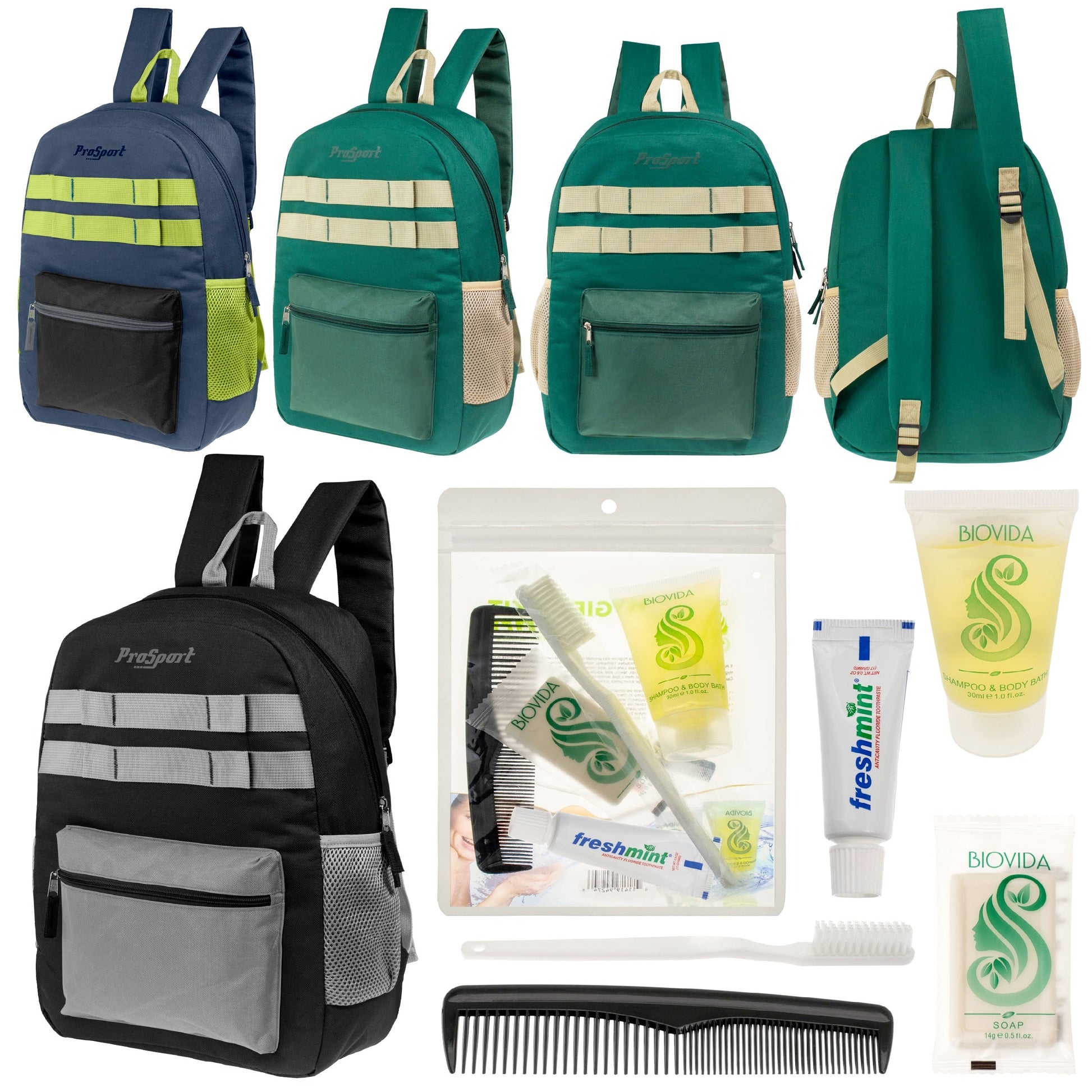 12 Multi-Color 17 'Rucksäcke mit Accent Trim & Ihre Wahl von 12 Bulk Hygiene Kits - Wholesale PFLEGE Package: Obdachlos, Notfall, Wohltätigkeit