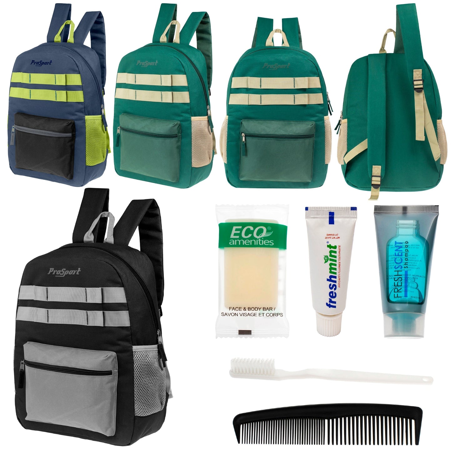 12 Multi-Color 17 'Rucksäcke mit Accent Trim & Ihre Wahl von 12 Bulk Hygiene Kits - Wholesale PFLEGE Package: Obdachlos, Notfall, Wohltätigkeit