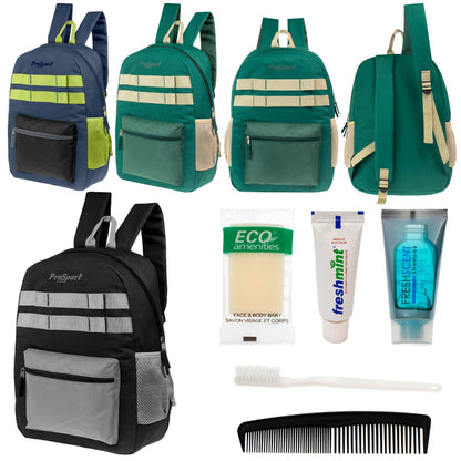 12 Multi-Color 17 'Rucksäcke mit Accent Trim & Ihre Wahl von 12 Bulk Hygiene Kits - Wholesale PFLEGE Package: Obdachlos, Notfall, Wohltätigkeit