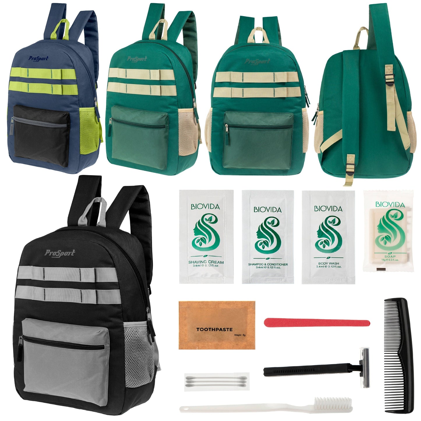 12 Multi-Color 17 'Rucksäcke mit Accent Trim & Ihre Wahl von 12 Bulk Hygiene Kits - Wholesale PFLEGE Package: Obdachlos, Notfall, Wohltätigkeit