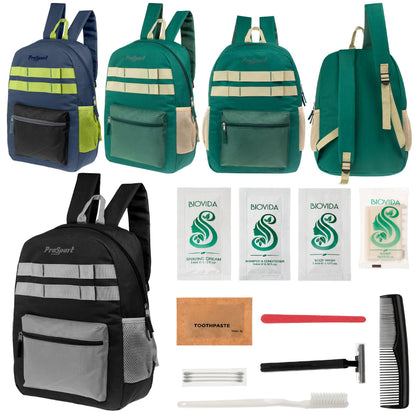 12 Multi-Color 17 'Rucksäcke mit Accent Trim & Ihre Wahl von 12 Bulk Hygiene Kits - Wholesale PFLEGE Package: Obdachlos, Notfall, Wohltätigkeit