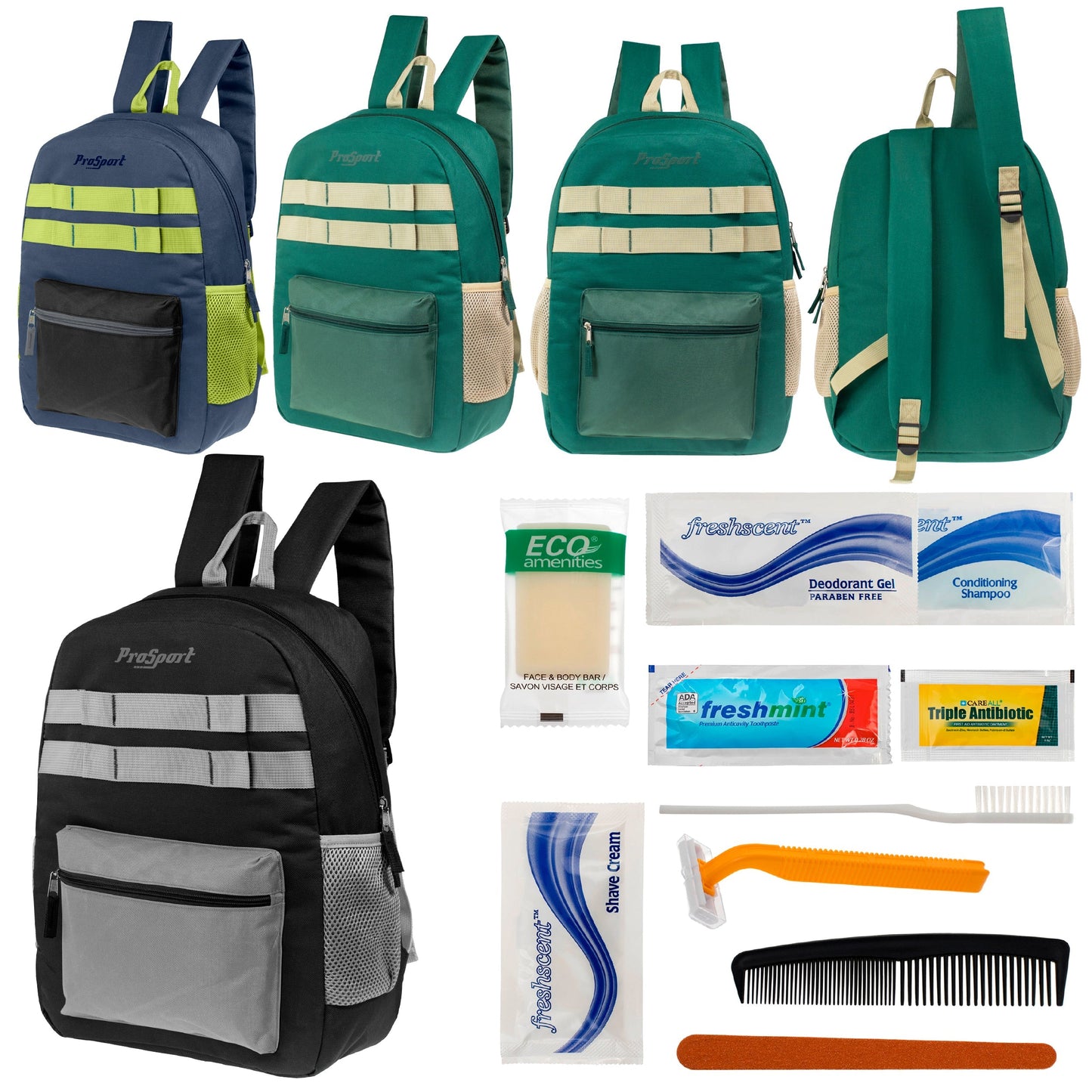 12 Multi-Color 17 'Rucksäcke mit Accent Trim & Ihre Wahl von 12 Bulk Hygiene Kits - Wholesale PFLEGE Package: Obdachlos, Notfall, Wohltätigkeit