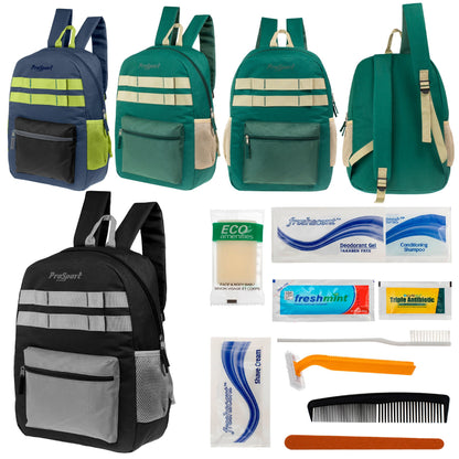 12 Multi-Color 17 'Rucksäcke mit Accent Trim & Ihre Wahl von 12 Bulk Hygiene Kits - Wholesale PFLEGE Package: Obdachlos, Notfall, Wohltätigkeit