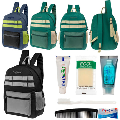 12 Multi-Color 17 'Rucksäcke mit Accent Trim & Ihre Wahl von 12 Bulk Hygiene Kits - Wholesale PFLEGE Package: Obdachlos, Notfall, Wohltätigkeit