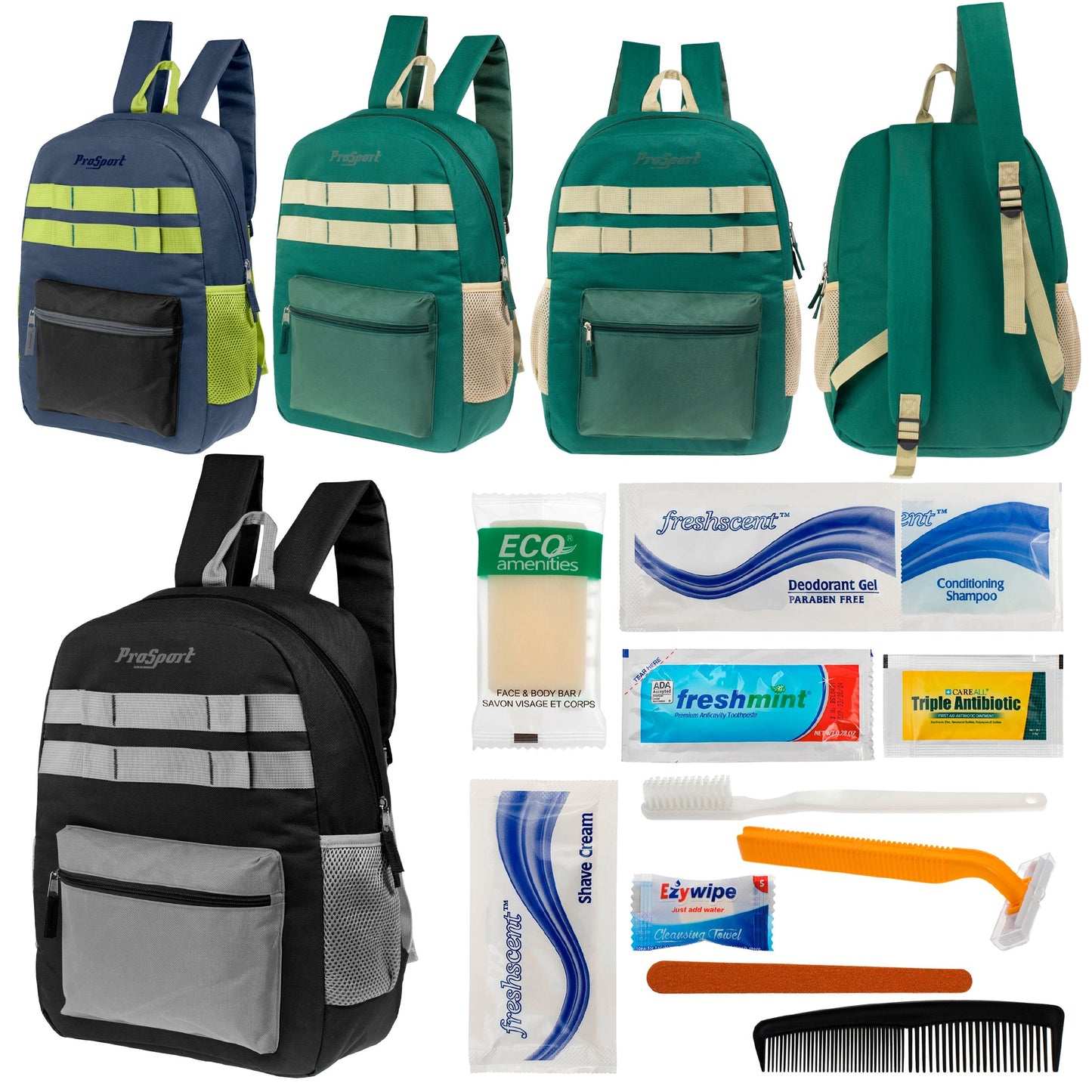 12 Multi-Color 17 'Rucksäcke mit Accent Trim & Ihre Wahl von 12 Bulk Hygiene Kits - Wholesale PFLEGE Package: Obdachlos, Notfall, Wohltätigkeit
