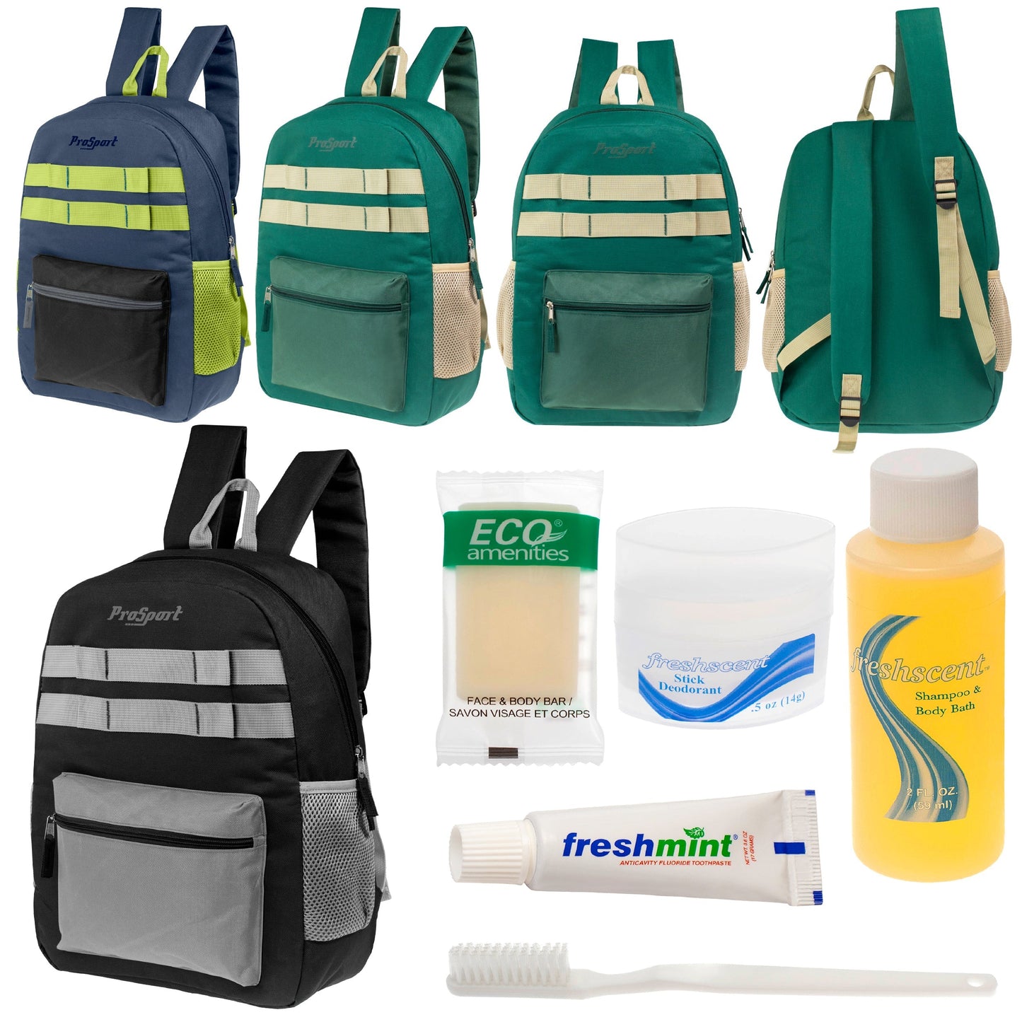 12 Multi-Color 17 'Rucksäcke mit Accent Trim & Ihre Wahl von 12 Bulk Hygiene Kits - Wholesale PFLEGE Package: Obdachlos, Notfall, Wohltätigkeit