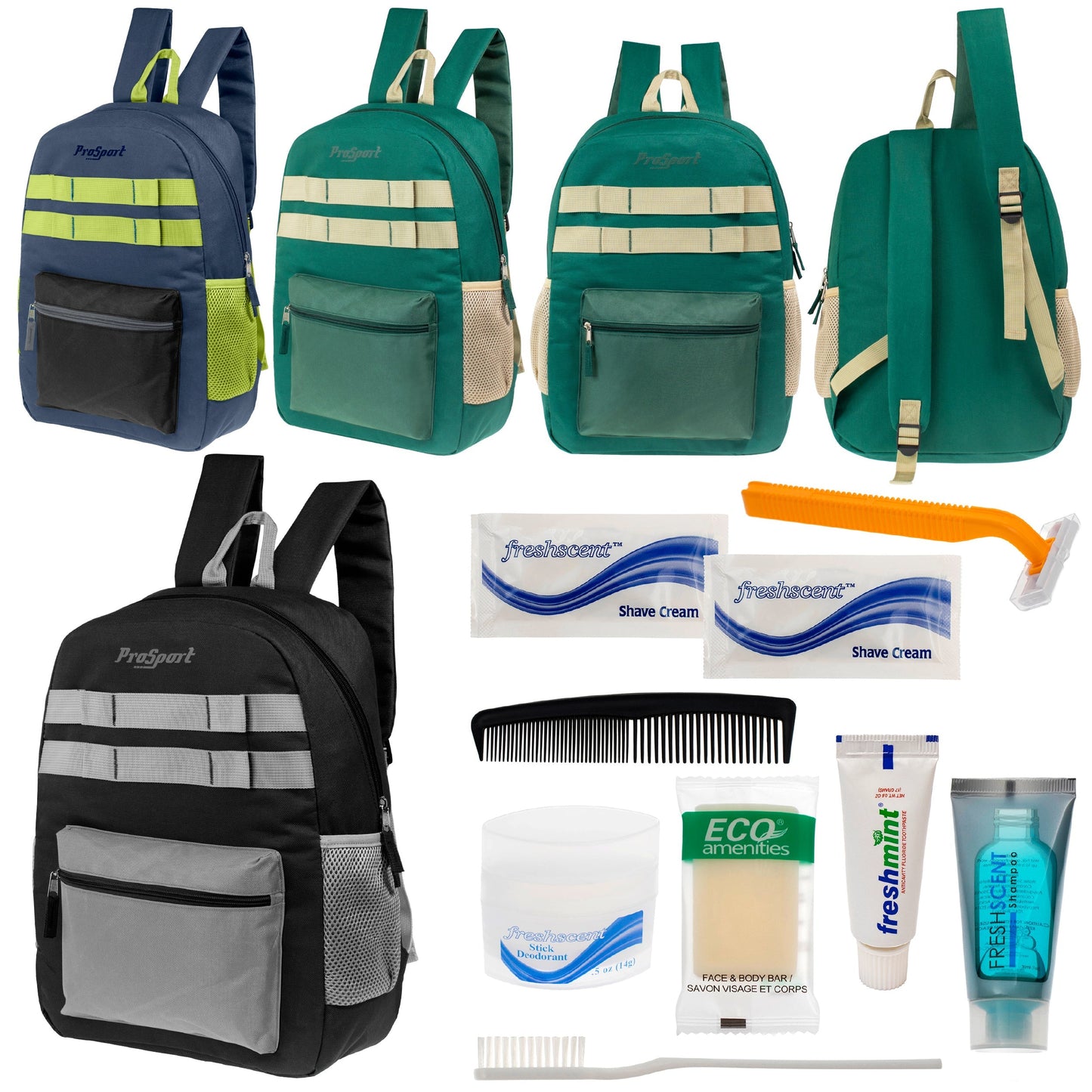 12 Multi-Color 17 'Rucksäcke mit Accent Trim & Ihre Wahl von 12 Bulk Hygiene Kits - Wholesale PFLEGE Package: Obdachlos, Notfall, Wohltätigkeit