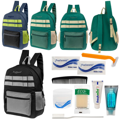 12 Multi-Color 17 'Rucksäcke mit Accent Trim & Ihre Wahl von 12 Bulk Hygiene Kits - Wholesale PFLEGE Package: Obdachlos, Notfall, Wohltätigkeit