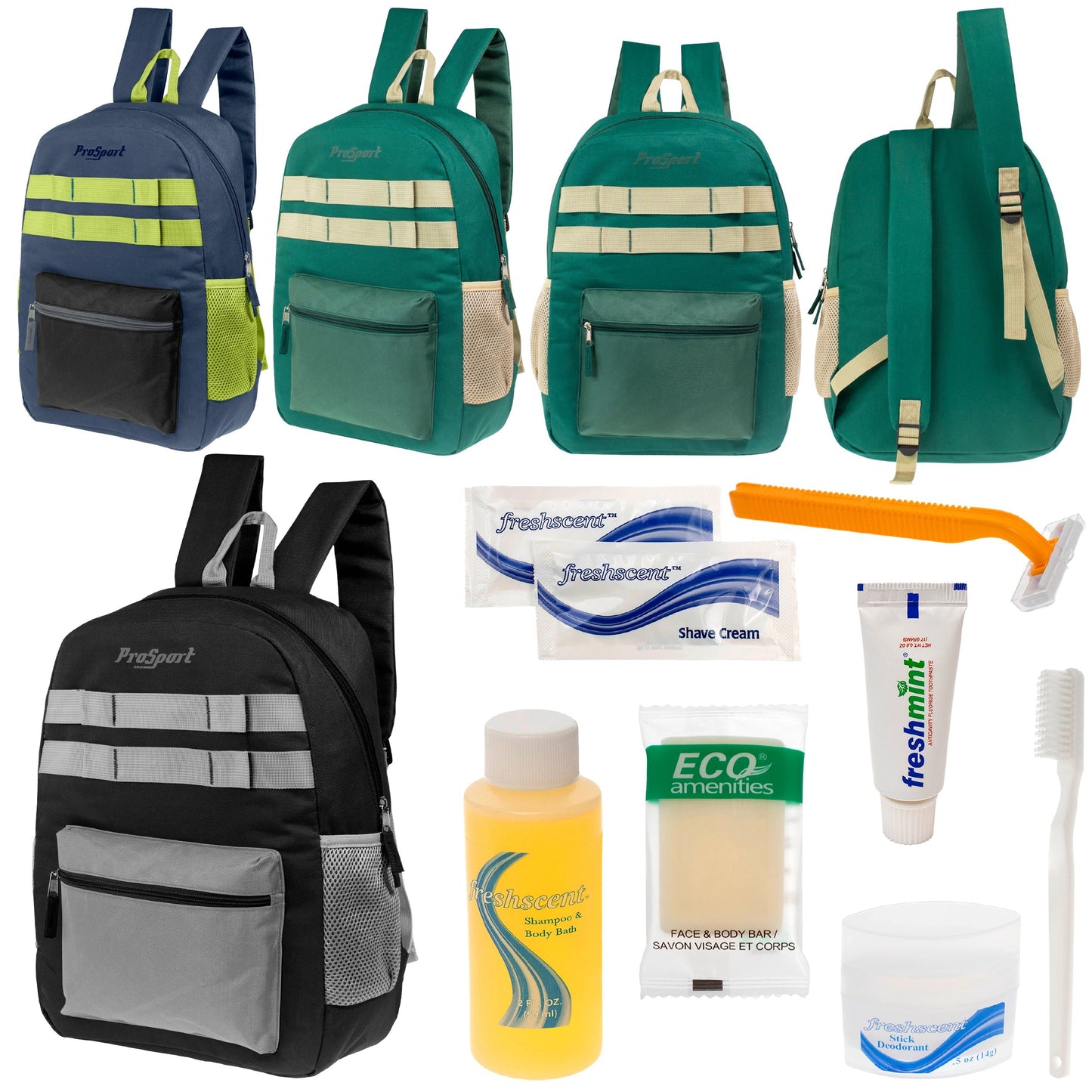 12 Multi-Color 17 'Rucksäcke mit Accent Trim & Ihre Wahl von 12 Bulk Hygiene Kits - Wholesale PFLEGE Package: Obdachlos, Notfall, Wohltätigkeit