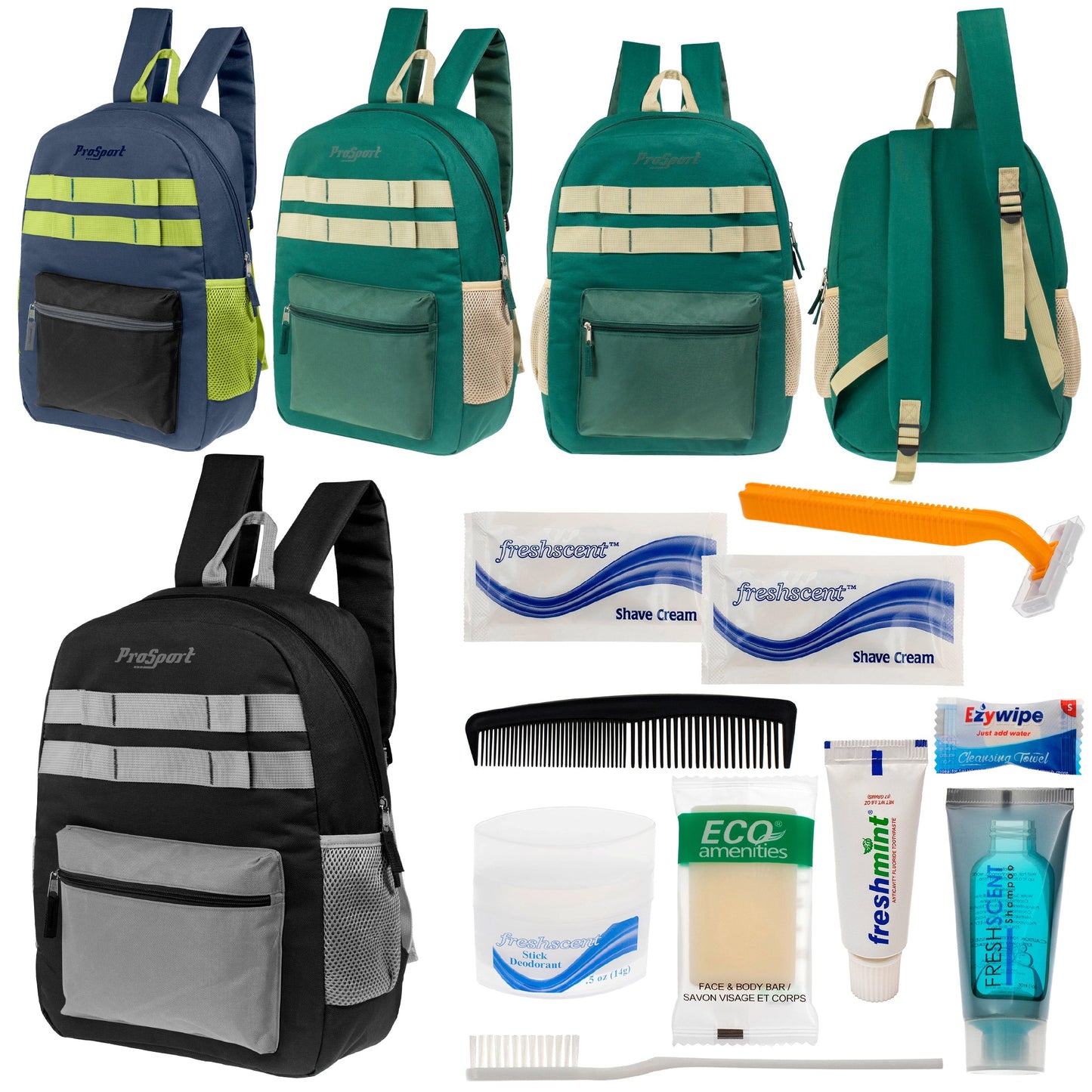 12 Multi-Color 17 'Rucksäcke mit Accent Trim & Ihre Wahl von 12 Bulk Hygiene Kits - Wholesale PFLEGE Package: Obdachlos, Notfall, Wohltätigkeit