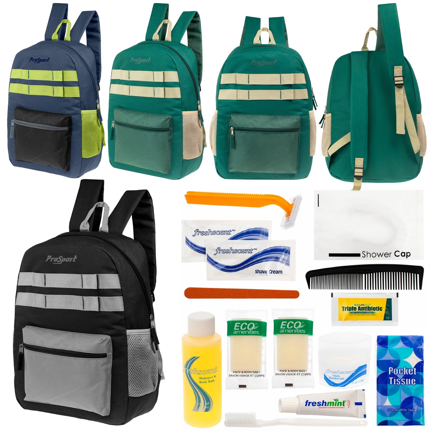 12 Multi-Color 17 'Rucksäcke mit Accent Trim & Ihre Wahl von 12 Bulk Hygiene Kits - Wholesale PFLEGE Package: Obdachlos, Notfall, Wohltätigkeit