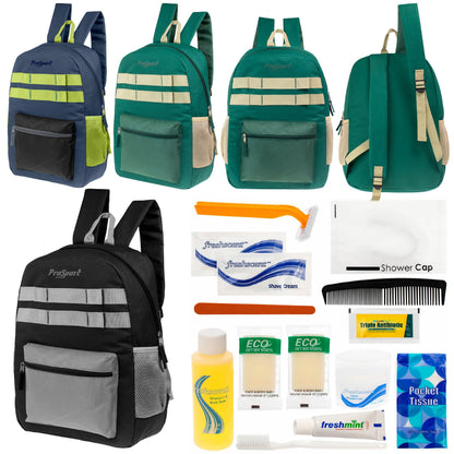12 Multi-Color 17 'Rucksäcke mit Accent Trim & Ihre Wahl von 12 Bulk Hygiene Kits - Wholesale PFLEGE Package: Obdachlos, Notfall, Wohltätigkeit