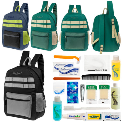 12 Multi-Color 17 'Rucksäcke mit Accent Trim & Ihre Wahl von 12 Bulk Hygiene Kits - Wholesale PFLEGE Package: Obdachlos, Notfall, Wohltätigkeit