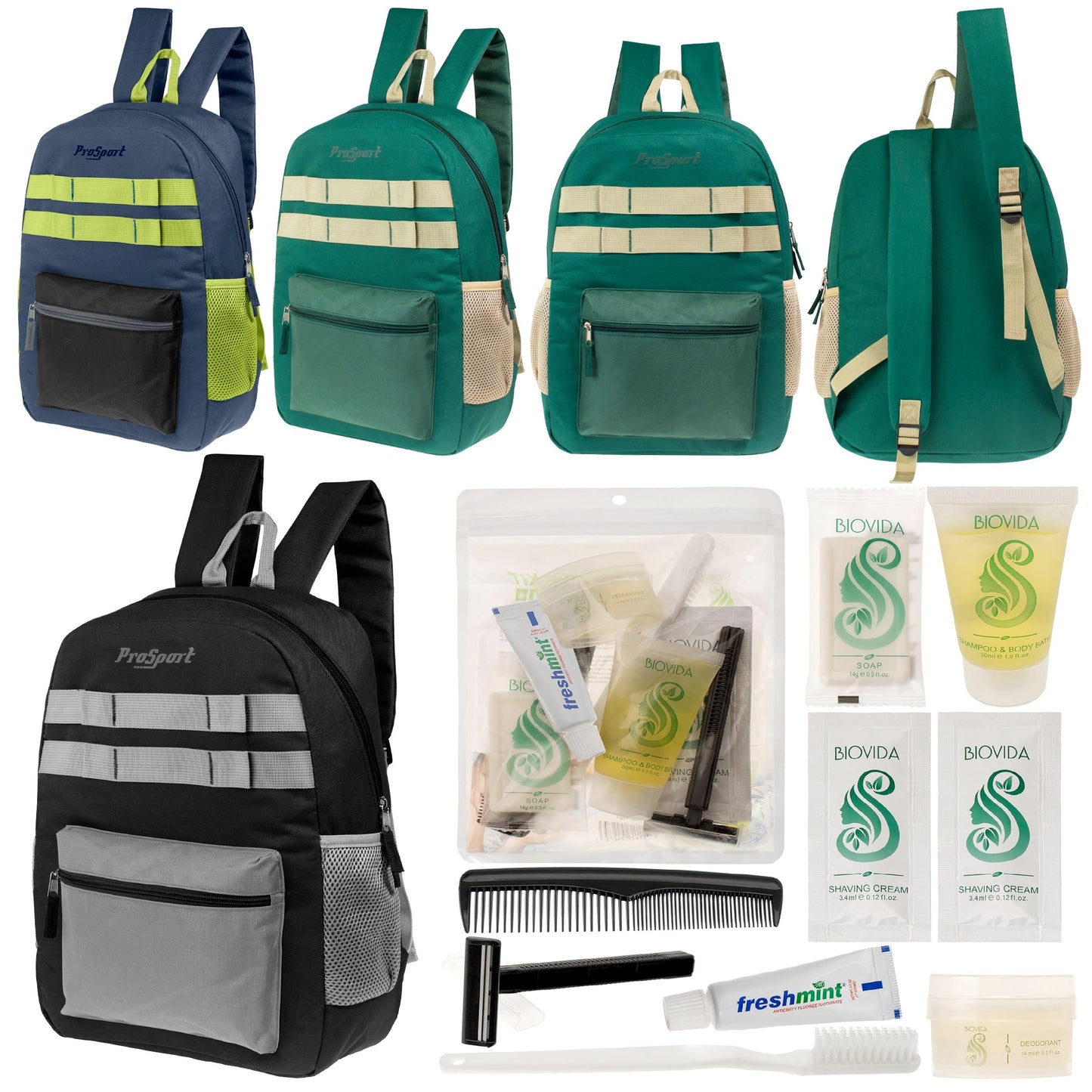 12 Multi-Color 17 'Rucksäcke mit Accent Trim & Ihre Wahl von 12 Bulk Hygiene Kits - Wholesale PFLEGE Package: Obdachlos, Notfall, Wohltätigkeit