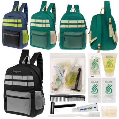 12 Multi-Color 17 'Rucksäcke mit Accent Trim & Ihre Wahl von 12 Bulk Hygiene Kits - Wholesale PFLEGE Package: Obdachlos, Notfall, Wohltätigkeit