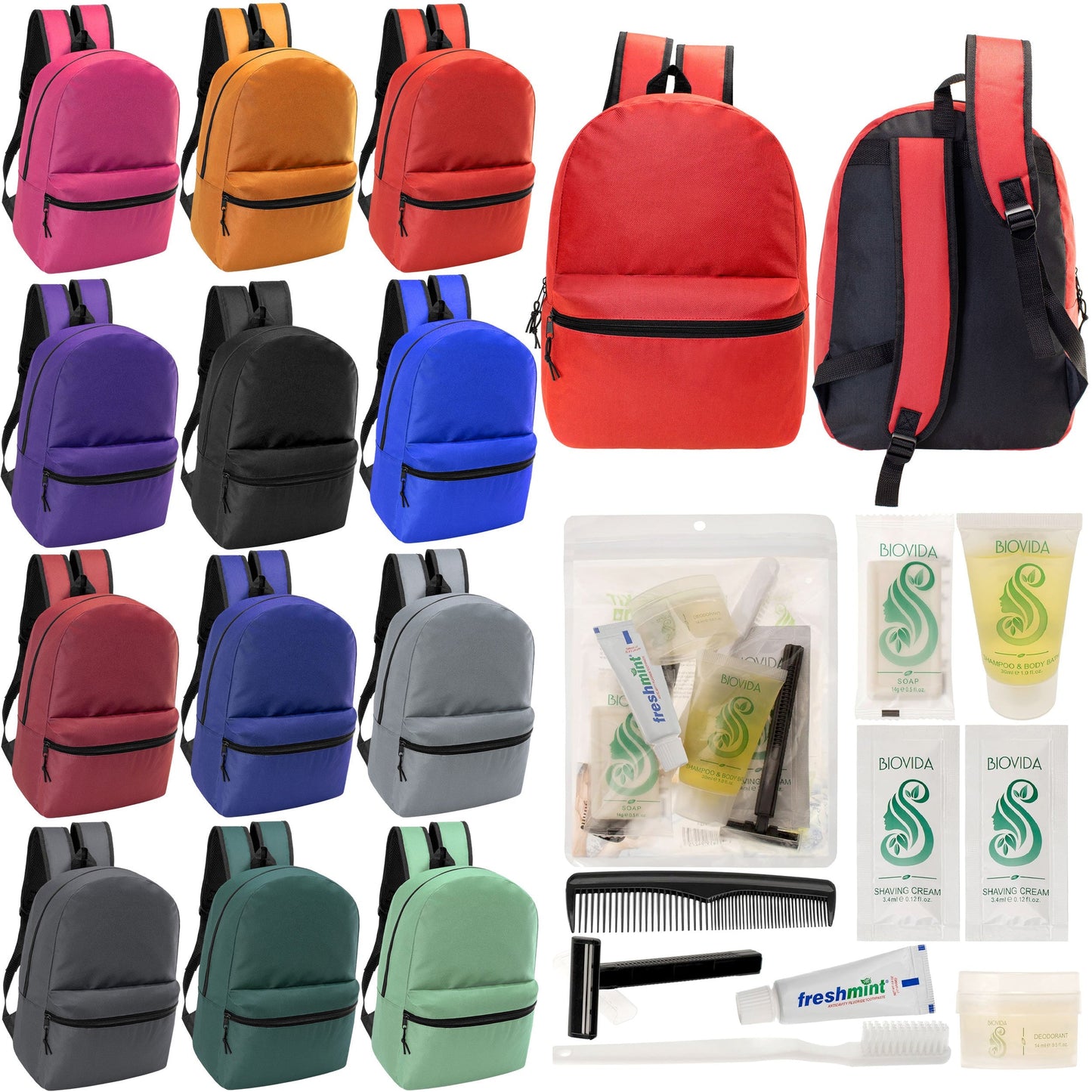 12 Basic 18,5 'Rucksäcke in 12 verschiedenen Farben & Ihre Wahl von 12 Bulk Hygiene Kits - Wholesale PFLEGE Package: Obdachlos, Notfall, Wohltätigkeit
