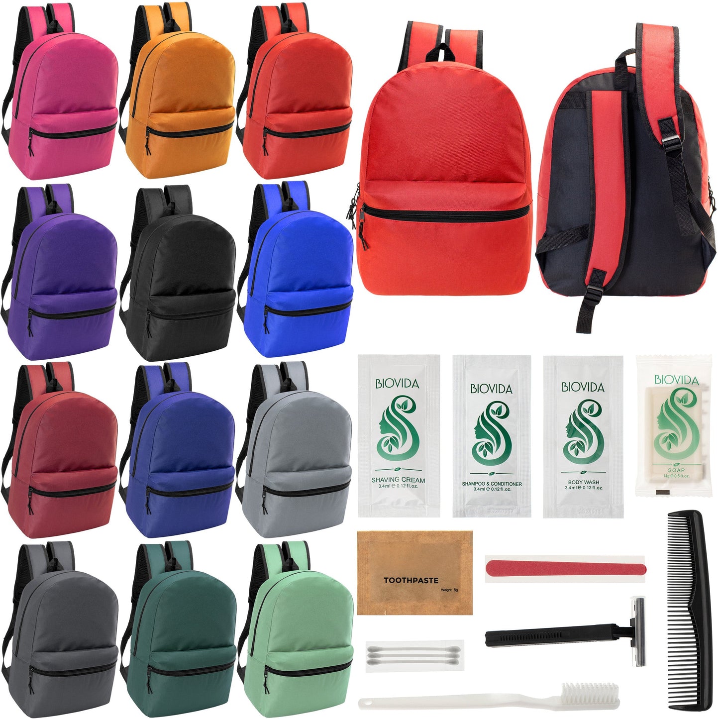 12 Basic 18,5 'Rucksäcke in 12 verschiedenen Farben & Ihre Wahl von 12 Bulk Hygiene Kits - Wholesale PFLEGE Package: Obdachlos, Notfall, Wohltätigkeit
