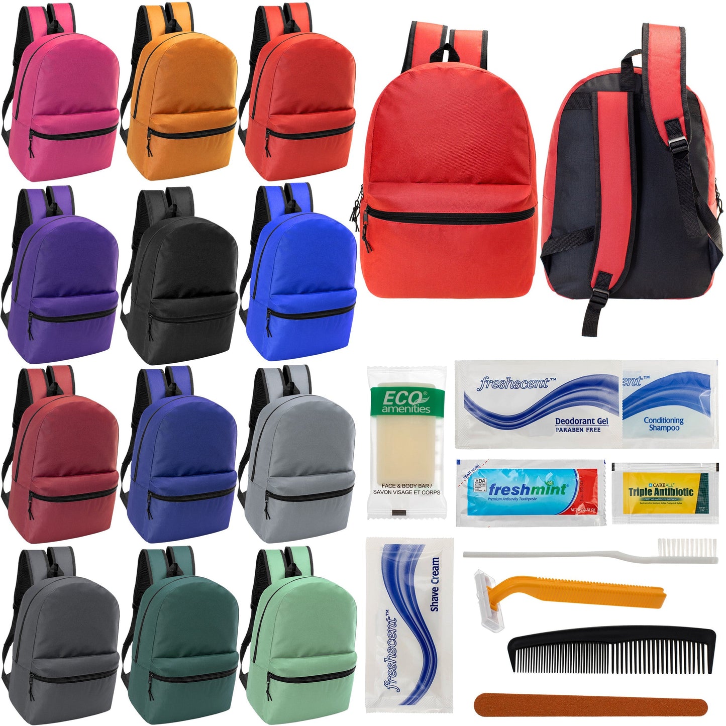 12 Basic 18,5 'Rucksäcke in 12 verschiedenen Farben & Ihre Wahl von 12 Bulk Hygiene Kits - Wholesale PFLEGE Package: Obdachlos, Notfall, Wohltätigkeit