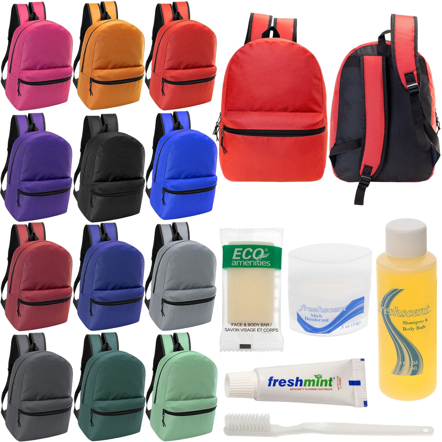 12 Basic 18,5 'Rucksäcke in 12 verschiedenen Farben & Ihre Wahl von 12 Bulk Hygiene Kits - Wholesale PFLEGE Package: Obdachlos, Notfall, Wohltätigkeit