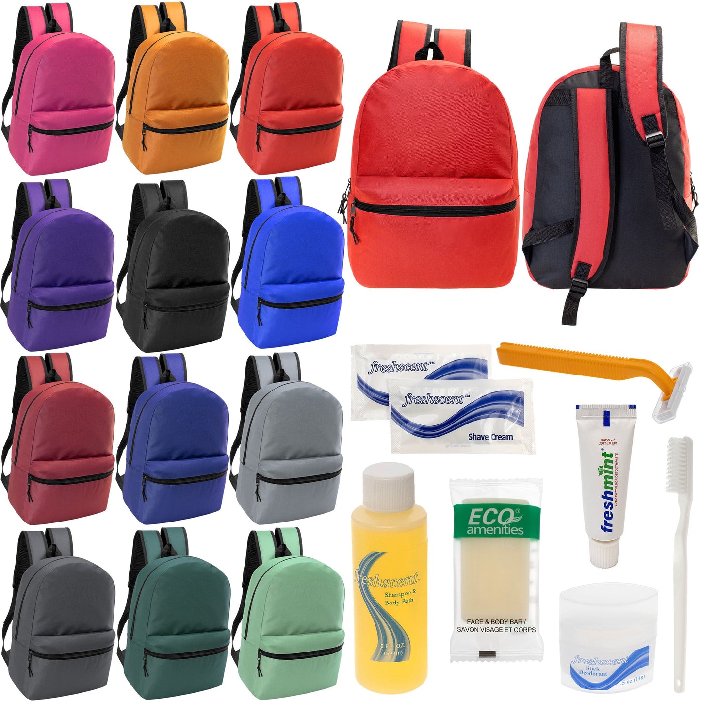 12 Basic 18,5 'Rucksäcke in 12 verschiedenen Farben & Ihre Wahl von 12 Bulk Hygiene Kits - Wholesale PFLEGE Package: Obdachlos, Notfall, Wohltätigkeit