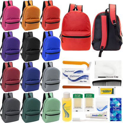 12 Basic 18,5 'Rucksäcke in 12 verschiedenen Farben & Ihre Wahl von 12 Bulk Hygiene Kits - Wholesale PFLEGE Package: Obdachlos, Notfall, Wohltätigkeit