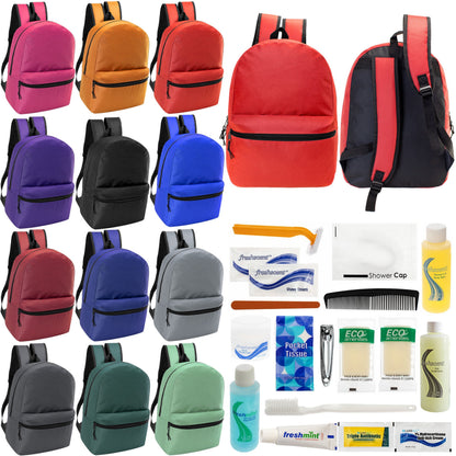 12 Basic 18,5 'Rucksäcke in 12 verschiedenen Farben & Ihre Wahl von 12 Bulk Hygiene Kits - Wholesale PFLEGE Package: Obdachlos, Notfall, Wohltätigkeit