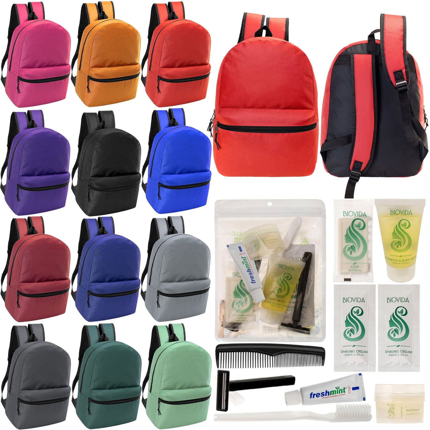 12 Basic 18,5 'Rucksäcke in 12 verschiedenen Farben & Ihre Wahl von 12 Bulk Hygiene Kits - Wholesale PFLEGE Package: Obdachlos, Notfall, Wohltätigkeit