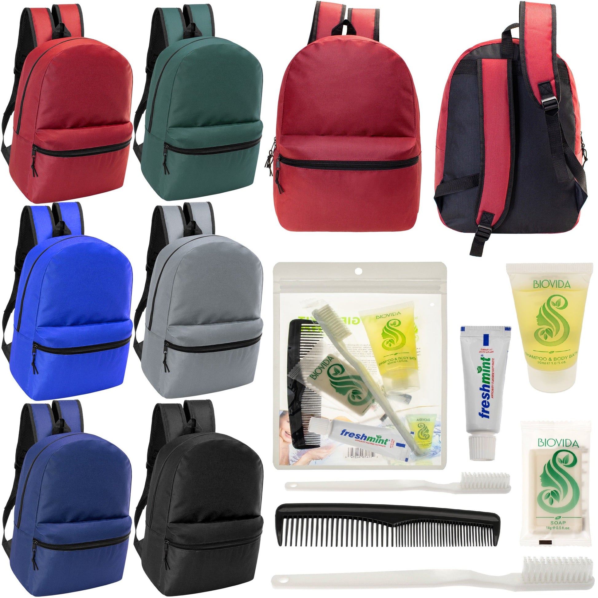 12 Basic 18,5 'Rucksäcke in 6 verschiedenen Farben & Ihre Wahl von 12 Bulk Hygiene Kits - Wholesale PFLEGE Package: Obdachlos, Notfall, Wohltätigkeit