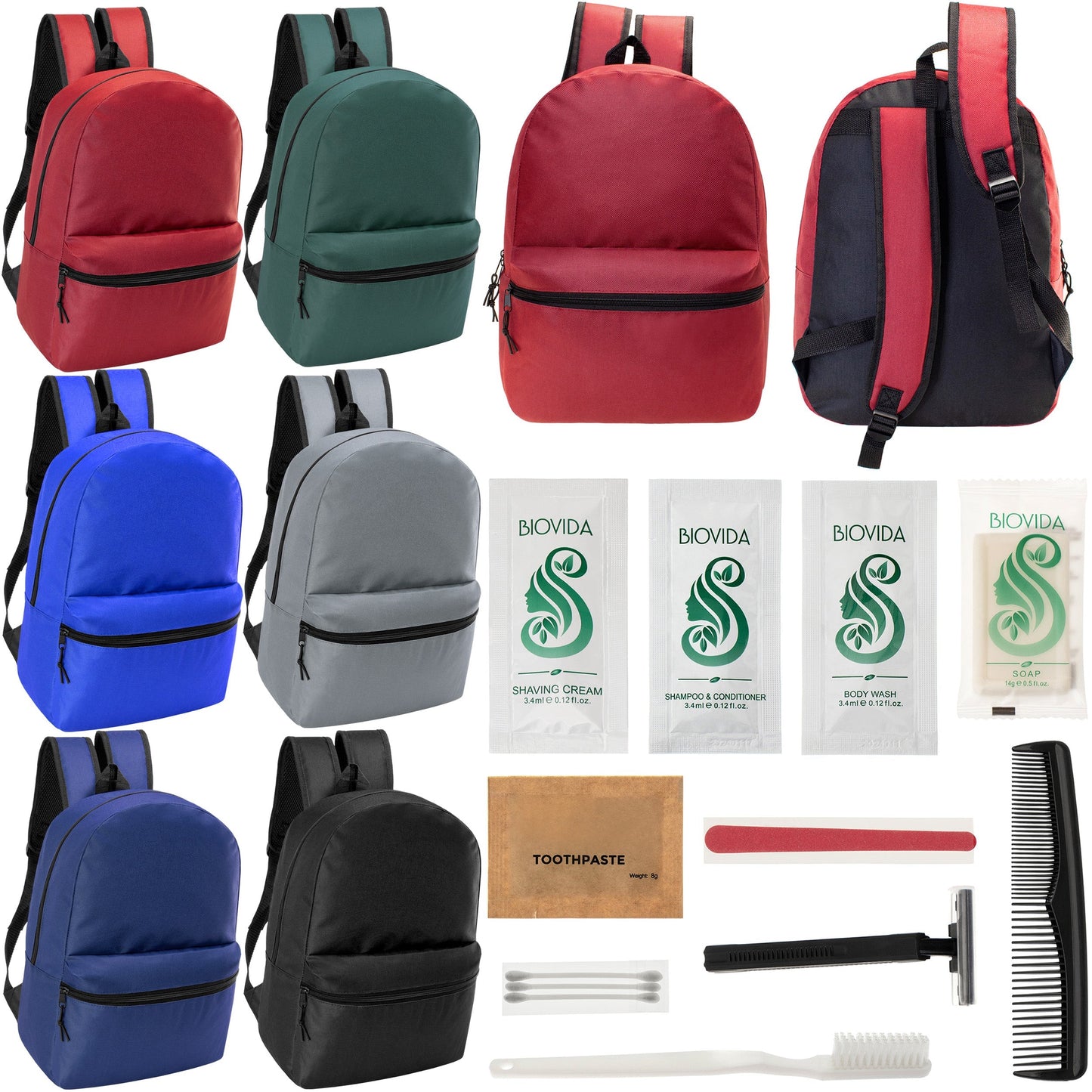 12 Basic 18,5 'Rucksäcke in 6 verschiedenen Farben & Ihre Wahl von 12 Bulk Hygiene Kits - Wholesale PFLEGE Package: Obdachlos, Notfall, Wohltätigkeit