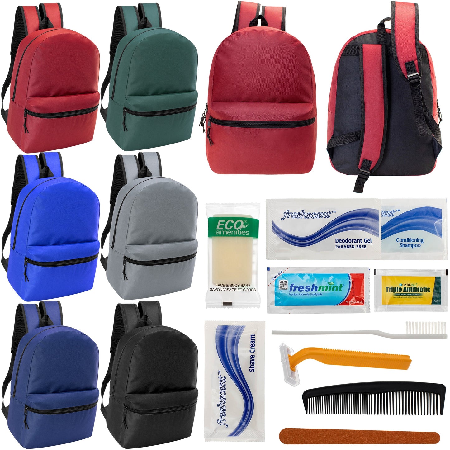 12 Basic 18,5 'Rucksäcke in 6 verschiedenen Farben & Ihre Wahl von 12 Bulk Hygiene Kits - Wholesale PFLEGE Package: Obdachlos, Notfall, Wohltätigkeit