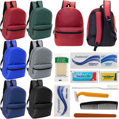 12 Basic 18,5 'Rucksäcke in 6 verschiedenen Farben & Ihre Wahl von 12 Bulk Hygiene Kits - Wholesale PFLEGE Package: Obdachlos, Notfall, Wohltätigkeit