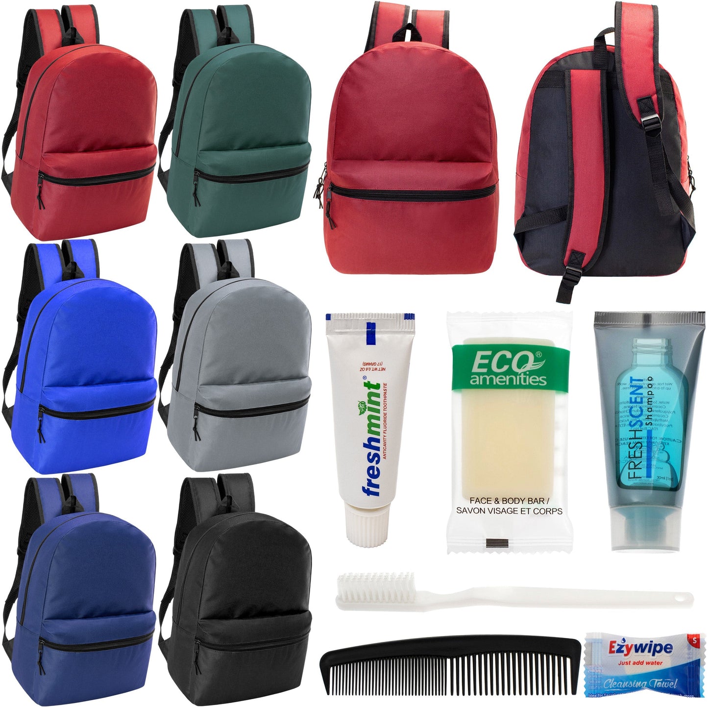 12 Basic 18,5 'Rucksäcke in 6 verschiedenen Farben & Ihre Wahl von 12 Bulk Hygiene Kits - Wholesale PFLEGE Package: Obdachlos, Notfall, Wohltätigkeit