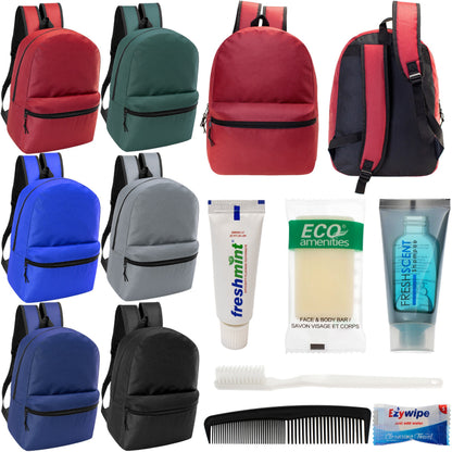 12 Basic 18,5 'Rucksäcke in 6 verschiedenen Farben & Ihre Wahl von 12 Bulk Hygiene Kits - Wholesale PFLEGE Package: Obdachlos, Notfall, Wohltätigkeit