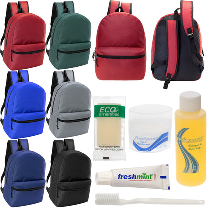12 Basic 18,5 'Rucksäcke in 6 verschiedenen Farben & Ihre Wahl von 12 Bulk Hygiene Kits - Wholesale PFLEGE Package: Obdachlos, Notfall, Wohltätigkeit