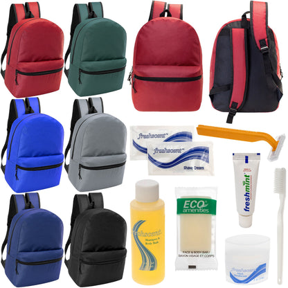 12 Basic 18,5 'Rucksäcke in 6 verschiedenen Farben & Ihre Wahl von 12 Bulk Hygiene Kits - Wholesale PFLEGE Package: Obdachlos, Notfall, Wohltätigkeit