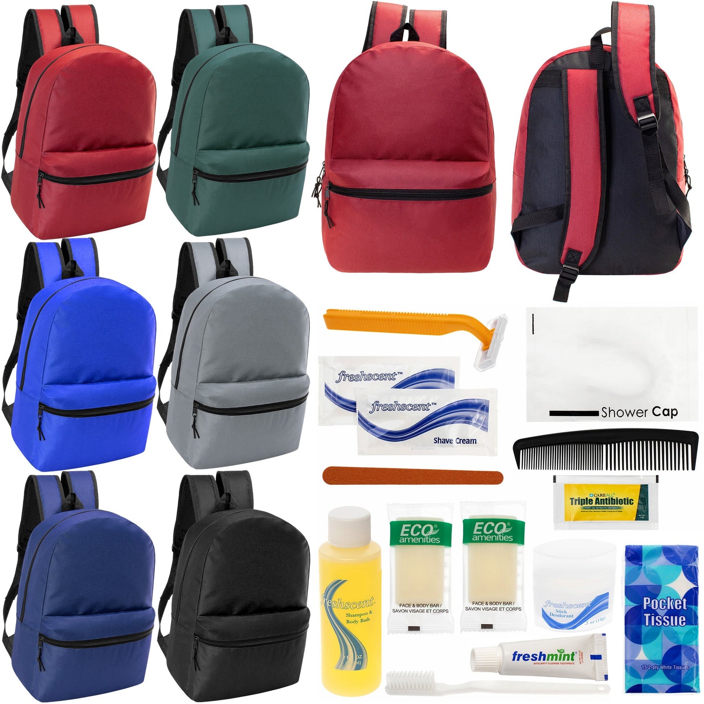 12 Basic 18,5 'Rucksäcke in 6 verschiedenen Farben & Ihre Wahl von 12 Bulk Hygiene Kits - Wholesale PFLEGE Package: Obdachlos, Notfall, Wohltätigkeit