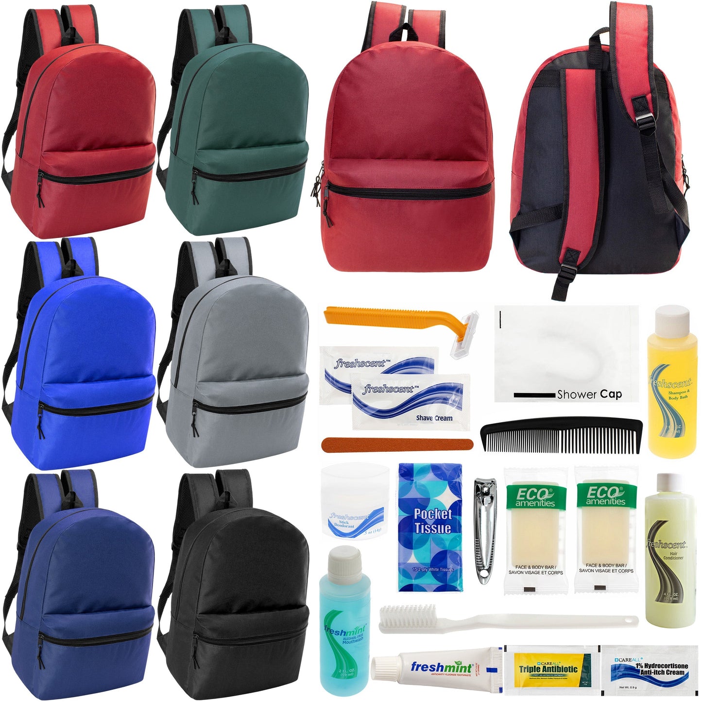 12 Basic 18,5 'Rucksäcke in 6 verschiedenen Farben & Ihre Wahl von 12 Bulk Hygiene Kits - Wholesale PFLEGE Package: Obdachlos, Notfall, Wohltätigkeit