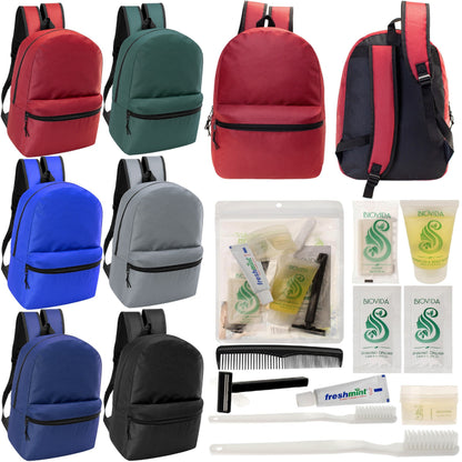 12 Basic 18,5 'Rucksäcke in 6 verschiedenen Farben & Ihre Wahl von 12 Bulk Hygiene Kits - Wholesale PFLEGE Package: Obdachlos, Notfall, Wohltätigkeit