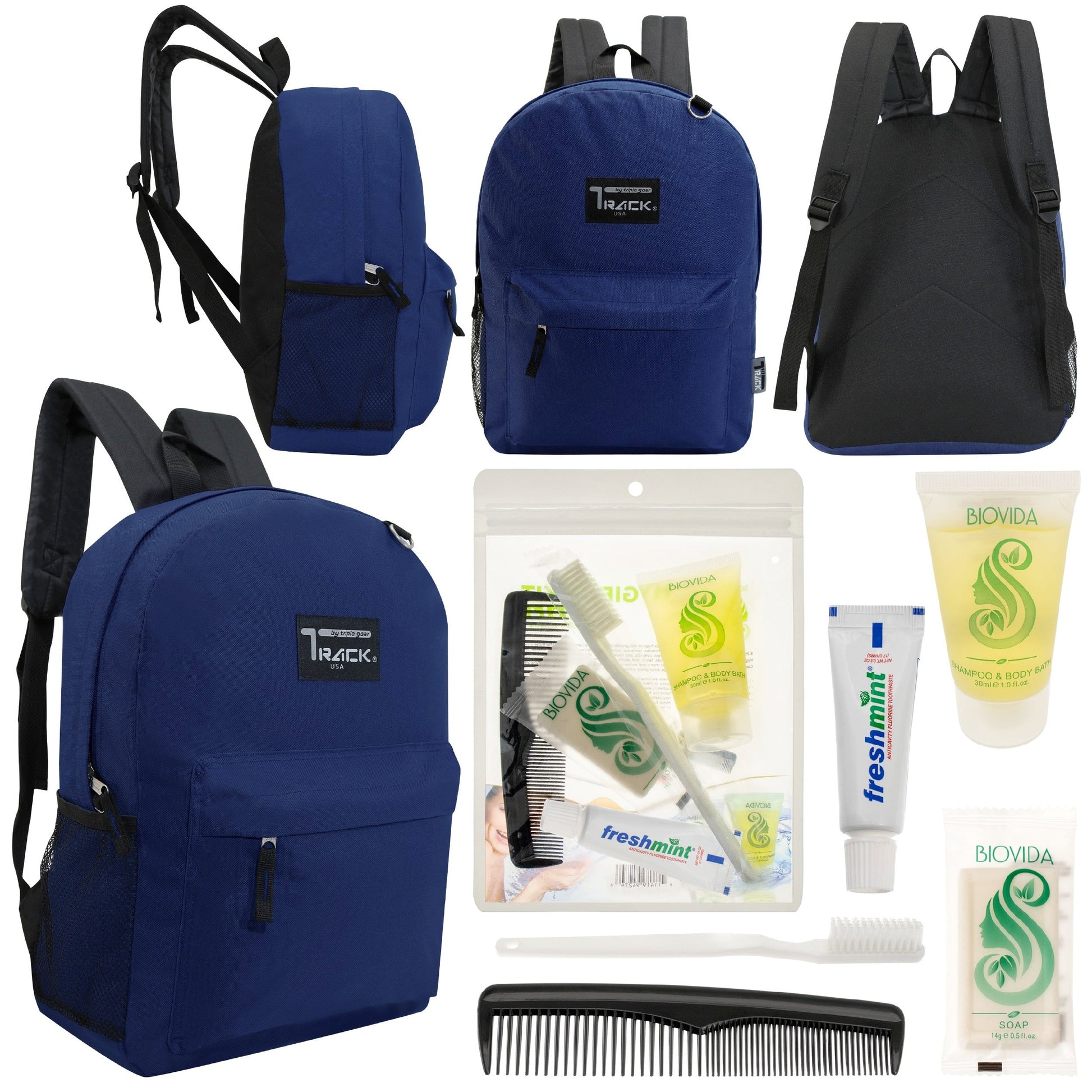 12 klassische 17 'Rucksäcke in Marineblau Blau & Ihre Wahl von 12 Bulk Hygiene Kits - Wholesale PFLEGE Package: Obdachlos, Notfall, Wohltätigkeit
