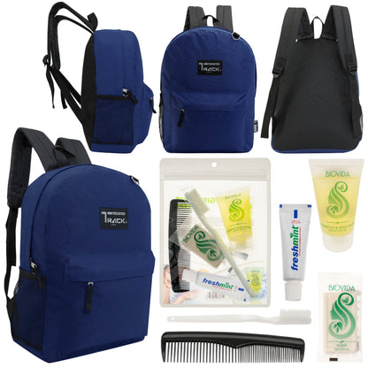 12 klassische 17 'Rucksäcke in Marineblau Blau & Ihre Wahl von 12 Bulk Hygiene Kits - Wholesale PFLEGE Package: Obdachlos, Notfall, Wohltätigkeit