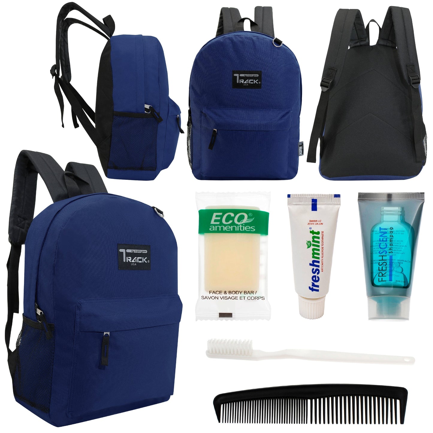 12 klassische 17 'Rucksäcke in Marineblau Blau & Ihre Wahl von 12 Bulk Hygiene Kits - Wholesale PFLEGE Package: Obdachlos, Notfall, Wohltätigkeit