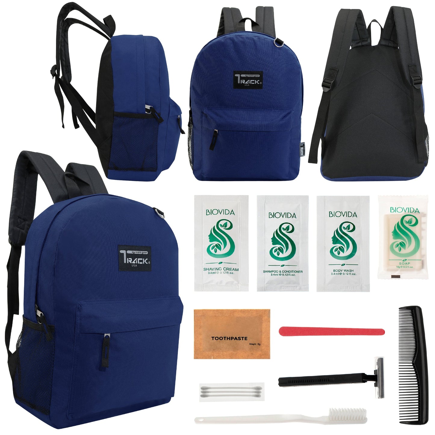 12 klassische 17 'Rucksäcke in Marineblau Blau & Ihre Wahl von 12 Bulk Hygiene Kits - Wholesale PFLEGE Package: Obdachlos, Notfall, Wohltätigkeit