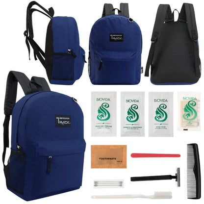12 klassische 17 'Rucksäcke in Marineblau Blau & Ihre Wahl von 12 Bulk Hygiene Kits - Wholesale PFLEGE Package: Obdachlos, Notfall, Wohltätigkeit