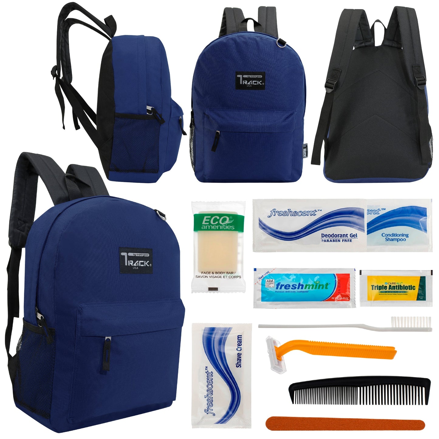 12 klassische 17 'Rucksäcke in Marineblau Blau & Ihre Wahl von 12 Bulk Hygiene Kits - Wholesale PFLEGE Package: Obdachlos, Notfall, Wohltätigkeit