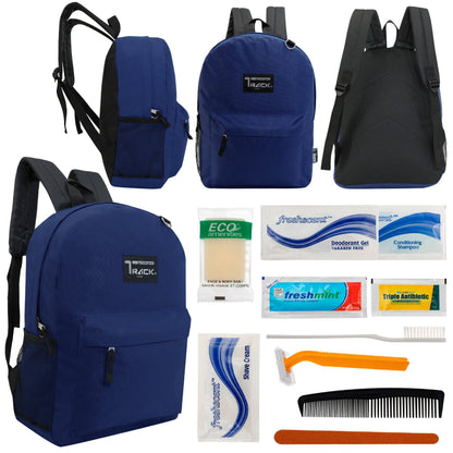 12 klassische 17 'Rucksäcke in Marineblau Blau & Ihre Wahl von 12 Bulk Hygiene Kits - Wholesale PFLEGE Package: Obdachlos, Notfall, Wohltätigkeit