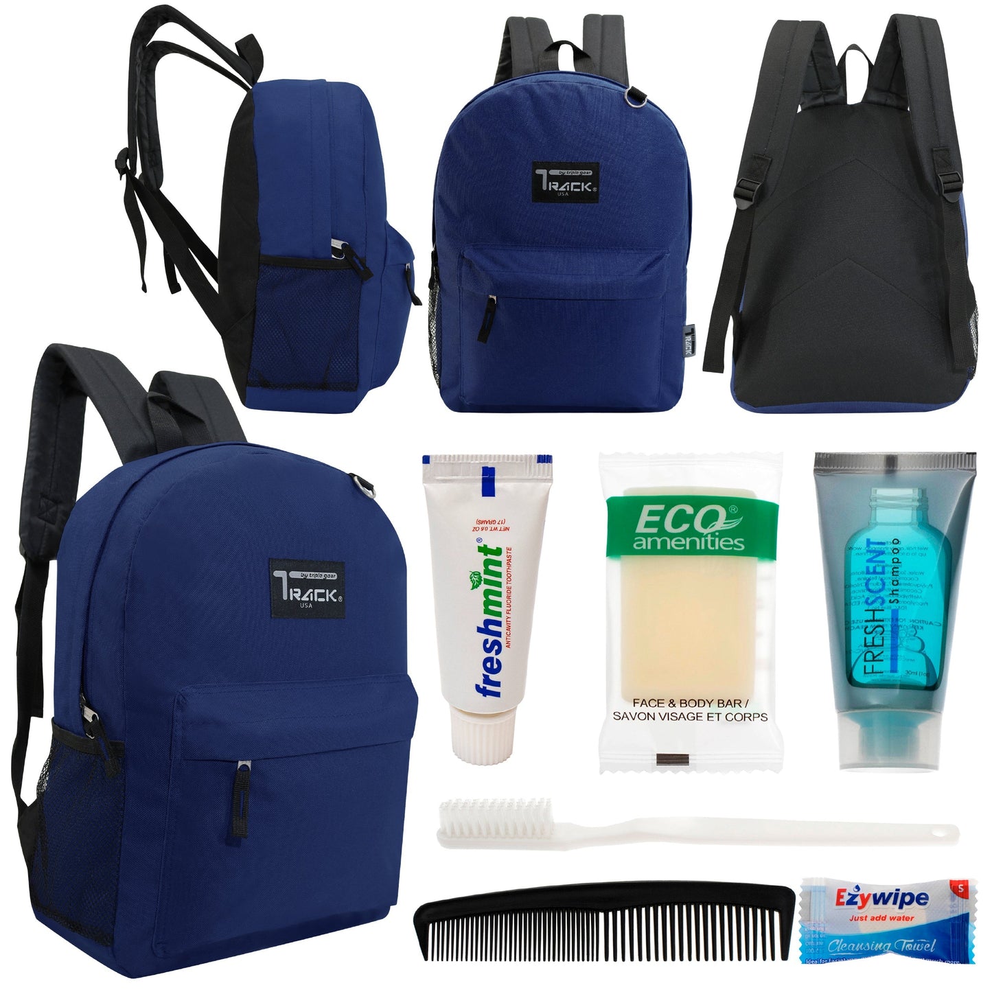 12 klassische 17 'Rucksäcke in Marineblau Blau & Ihre Wahl von 12 Bulk Hygiene Kits - Wholesale PFLEGE Package: Obdachlos, Notfall, Wohltätigkeit