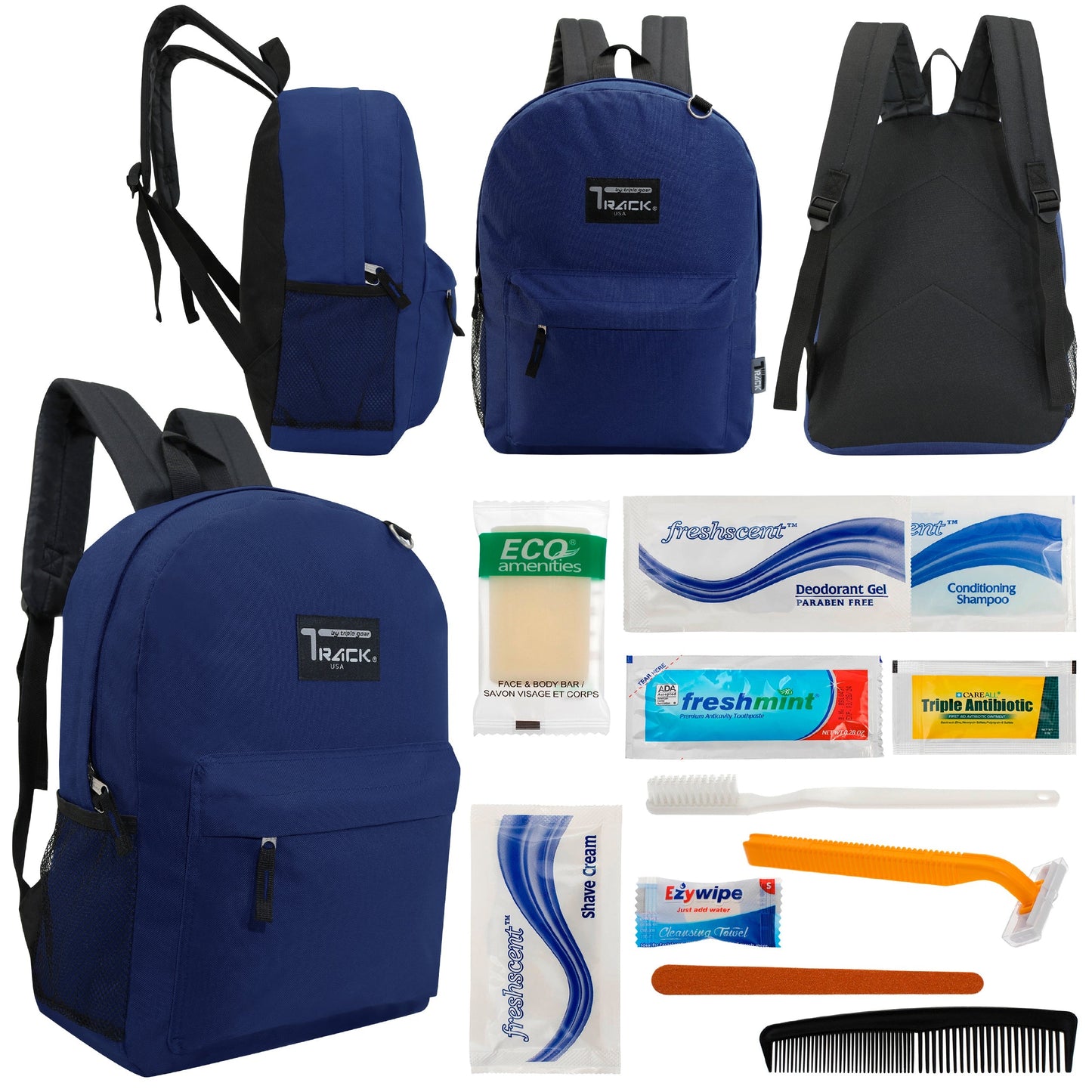 12 klassische 17 'Rucksäcke in Marineblau Blau & Ihre Wahl von 12 Bulk Hygiene Kits - Wholesale PFLEGE Package: Obdachlos, Notfall, Wohltätigkeit
